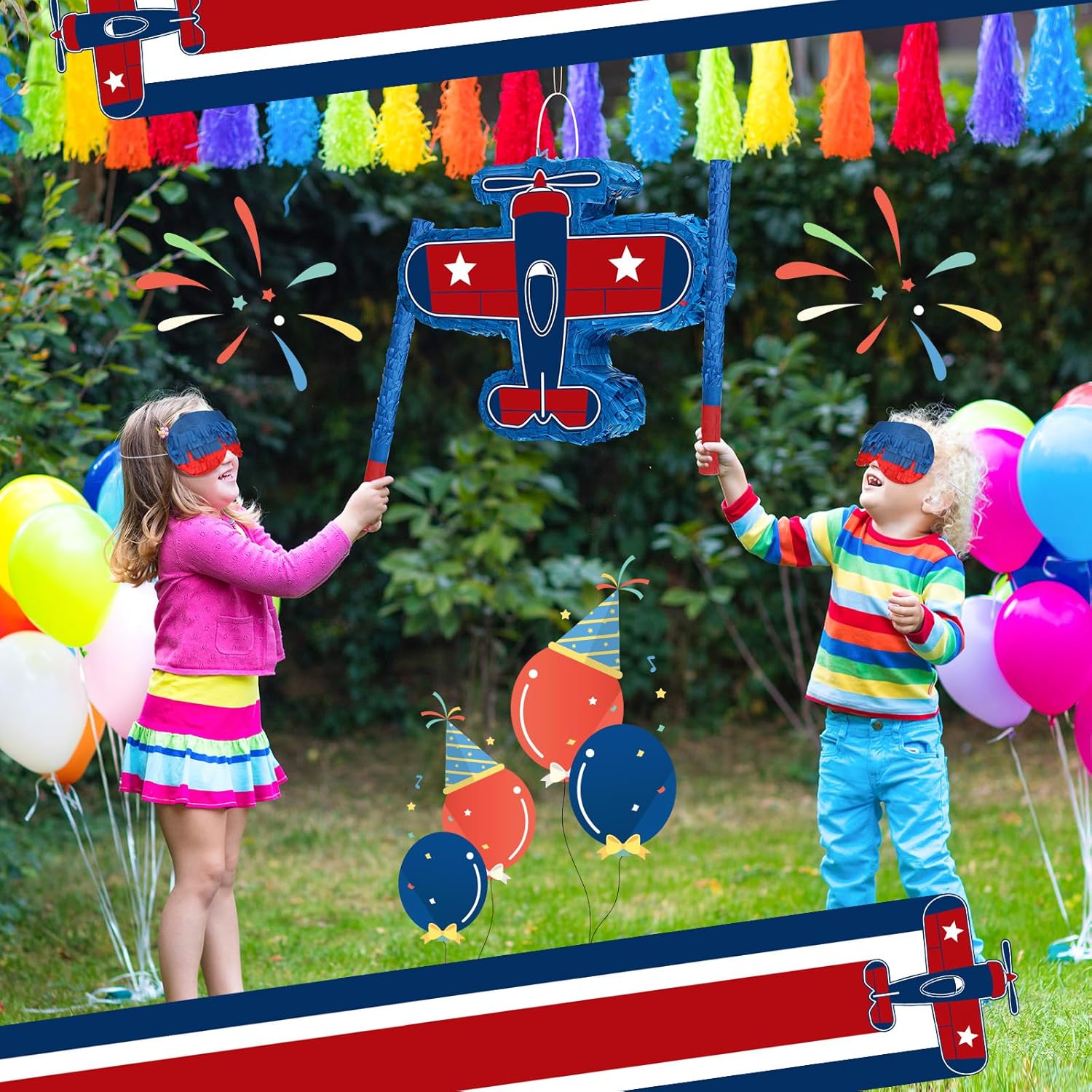 Piñata de avión de 16 x 12 x 3 pulgadas, paquete de piñata de avión con palo para vendar los ojos y confeti para fiesta temática de avión, piñata