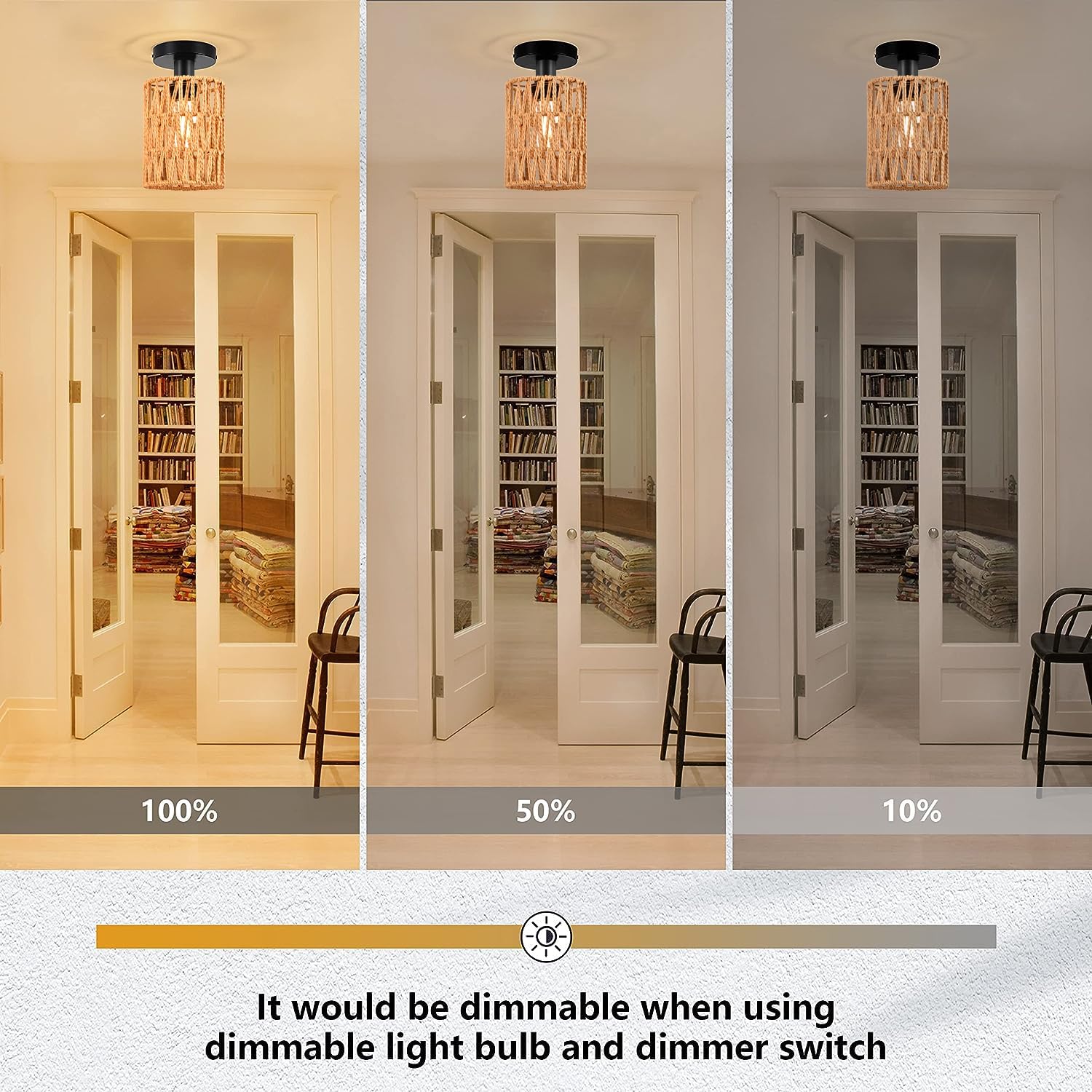 Lámpara de techo estilo bohemio, mini lámpara de araña de ratán con bombilla LED regulable (2700 K), lámparas de techo tejidas a mano para pasillo,