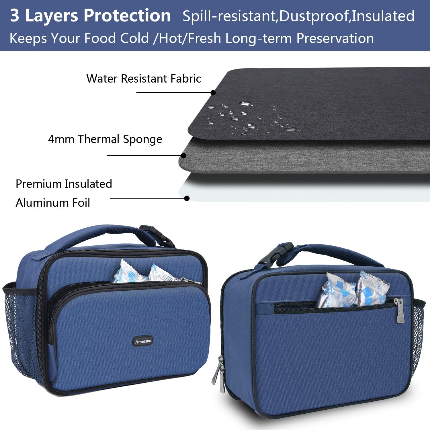Amersun – Lonchera térmica duradera con forro acolchado que mantiene la comida caliente o fría durante mucho tiempo, impermeable, para viajes,