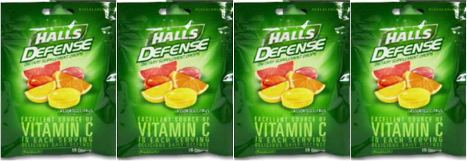 Lote de 4 bolsas Halls Defense Vitamina C Gotas 14 unidades por bolsa