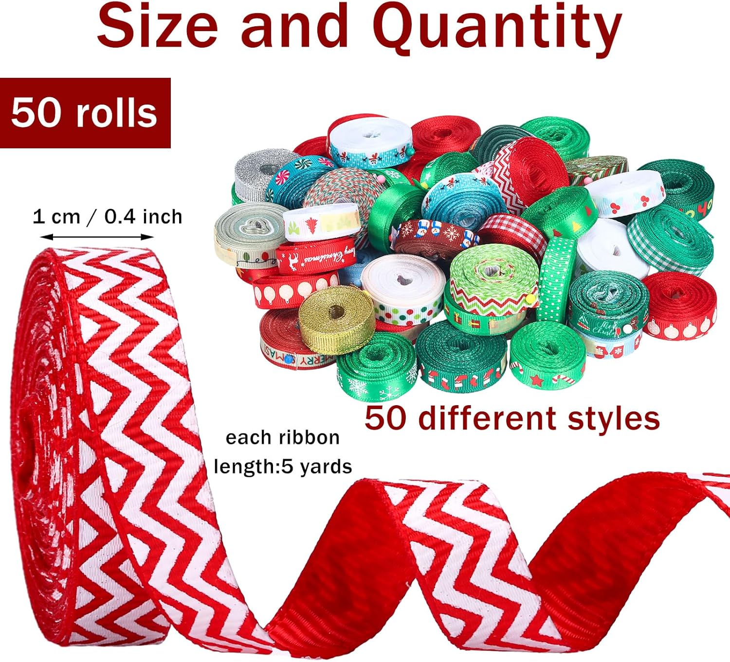 Yuxung 50 rollos de cinta fina de Navidad a granel de 0.4 pulgadas, 5 yardas cada rollo de cinta de grogrén de vacaciones para festivales de