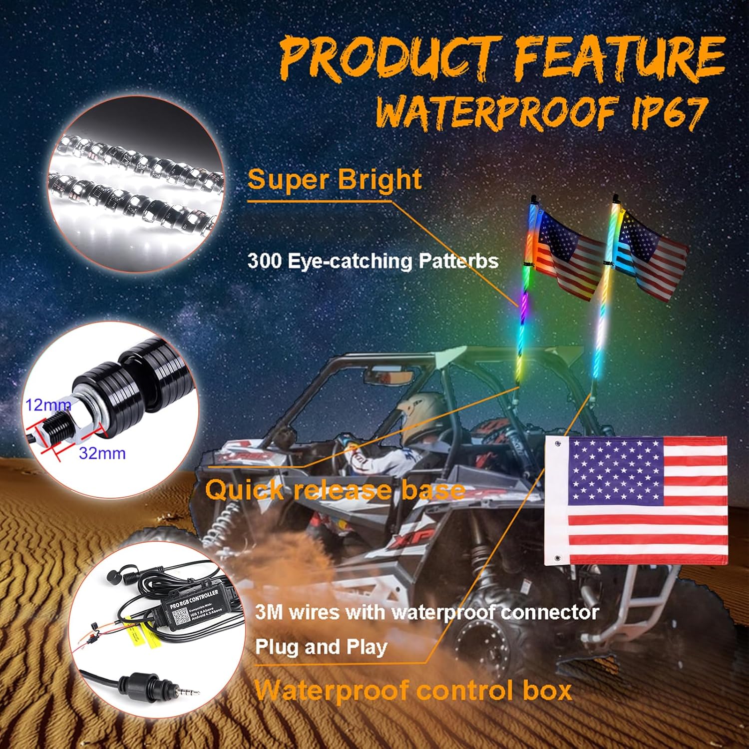 1 luz LED RGBW de 2 pies, color de ensueño + color blanco puro, control remoto RF, látigos iluminados para Can-Am ATV UTV RZR Polaris Offroad Truck
