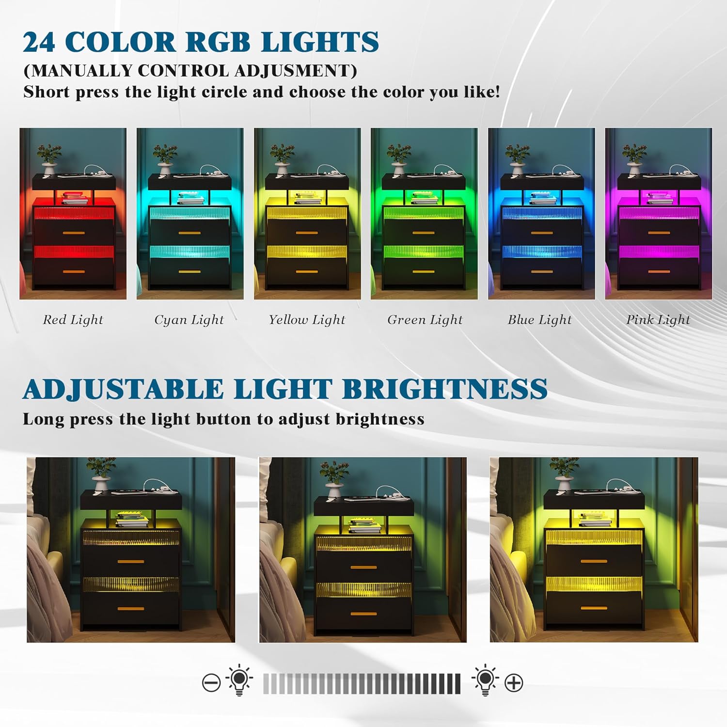 WOOVIVS Mesita de noche LED con estación de carga inalámbrica y puertos USBC, tira de luz LED de 24 colores con brillo ajustable y modo de sensor de