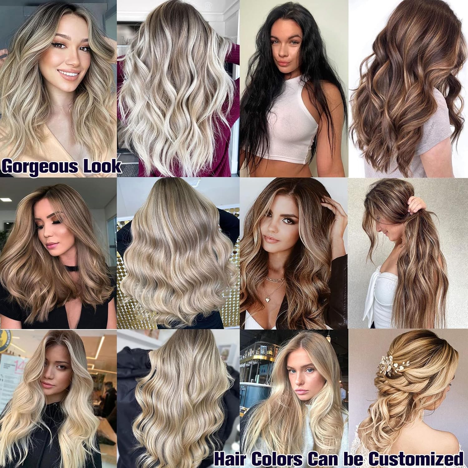 Extensiones de cabello humano Remy con balayage atadas a mano, 24 pulgadas de largo, 4.23 onzas, color castaño medio, con reflejos rubio miel,