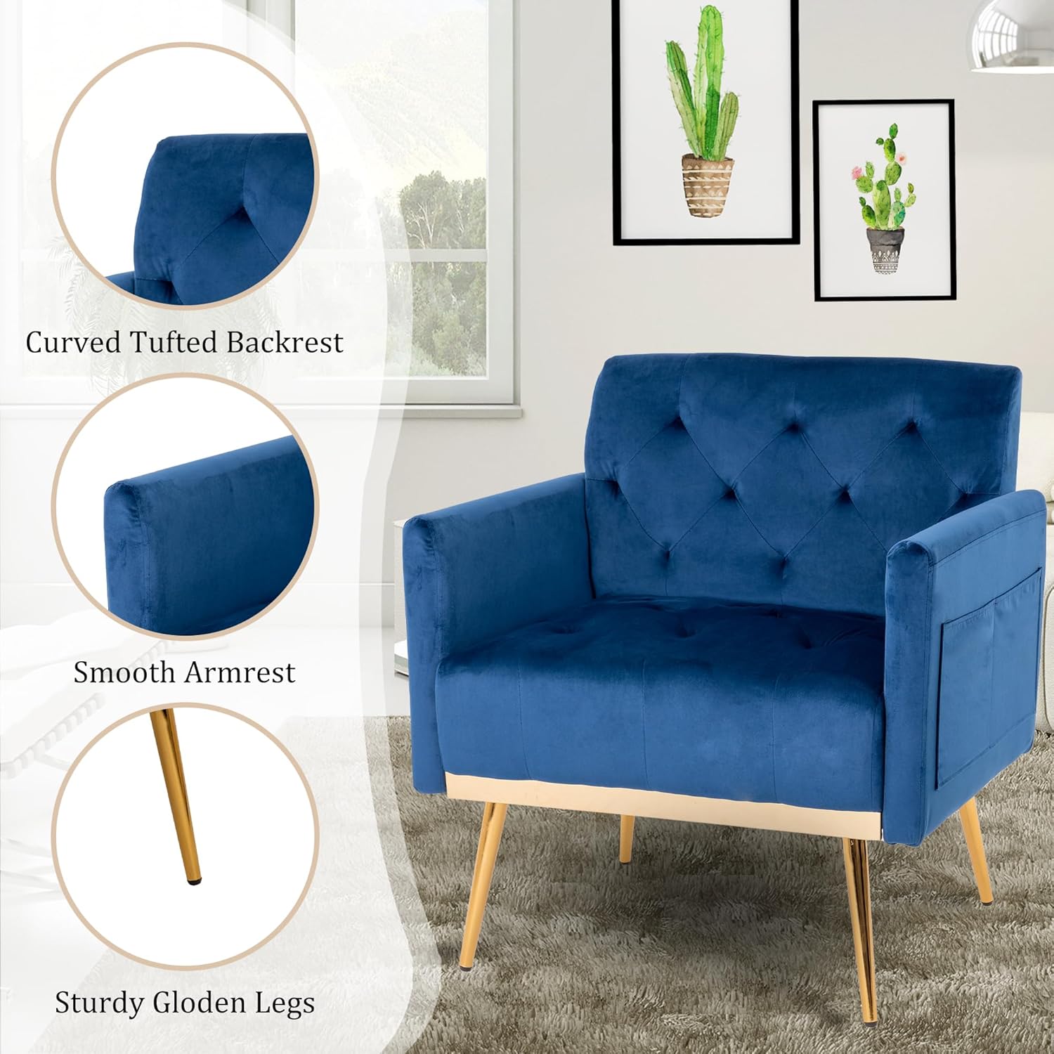 Silla decorativa de terciopelo con patas de metal dorado, silla de lectura moderna de mediados de siglo con bolsillo lateral, cómodo sillón