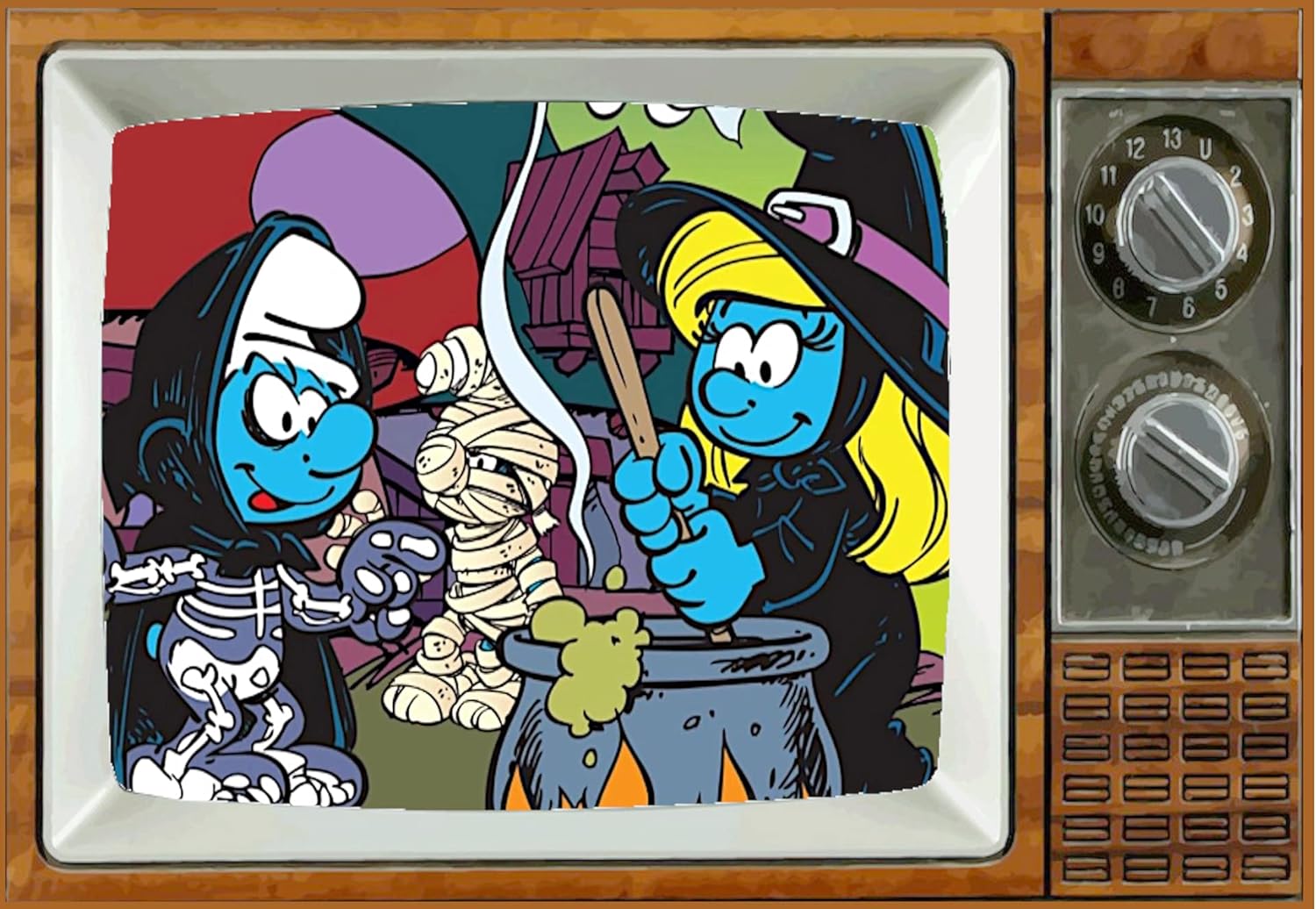 Smurf Halloween TV – Imán para nevera de 2 x 3 pulgadas, diseño nostálgico de dibujos animados de la mañana, arte nostálgico vintage para