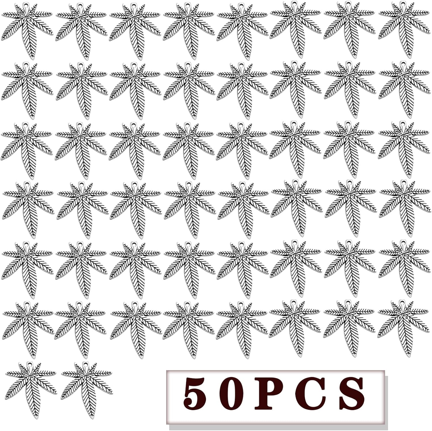 50 dijes de hoja de arce de marihuana de plata antigua, maceta médica, hojas de árbol de cannabis, colgantes para manualidades, aretes, collares,