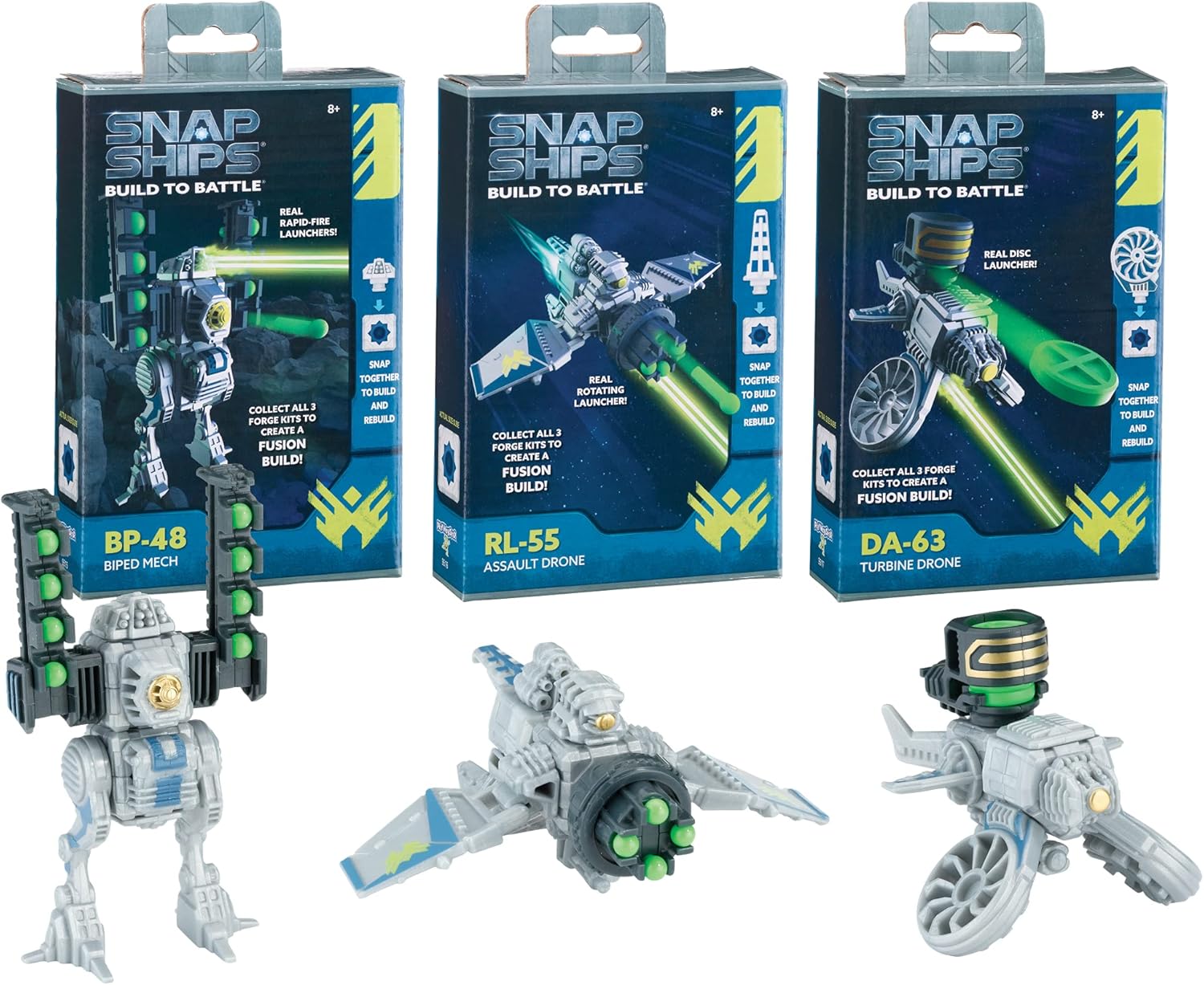 SNAP envía FusionForge ASST FFP (paquete de 3) DA-63 Turbina Drone, DL-55 Drone de Asalto, BP48 Biped Mech