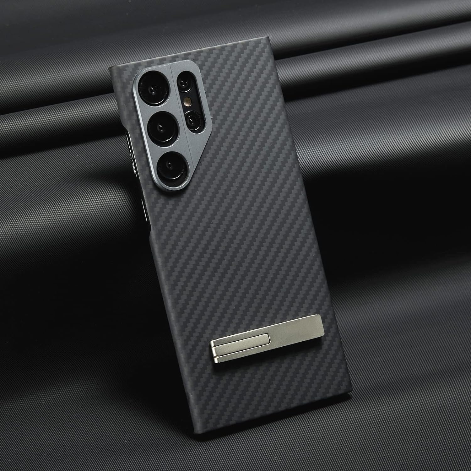 Funda compatible con Samsung Galaxy S23 Ultra, con soporte, fibra de carbono de aramida, diseño de moda para protección de lente de metal de
