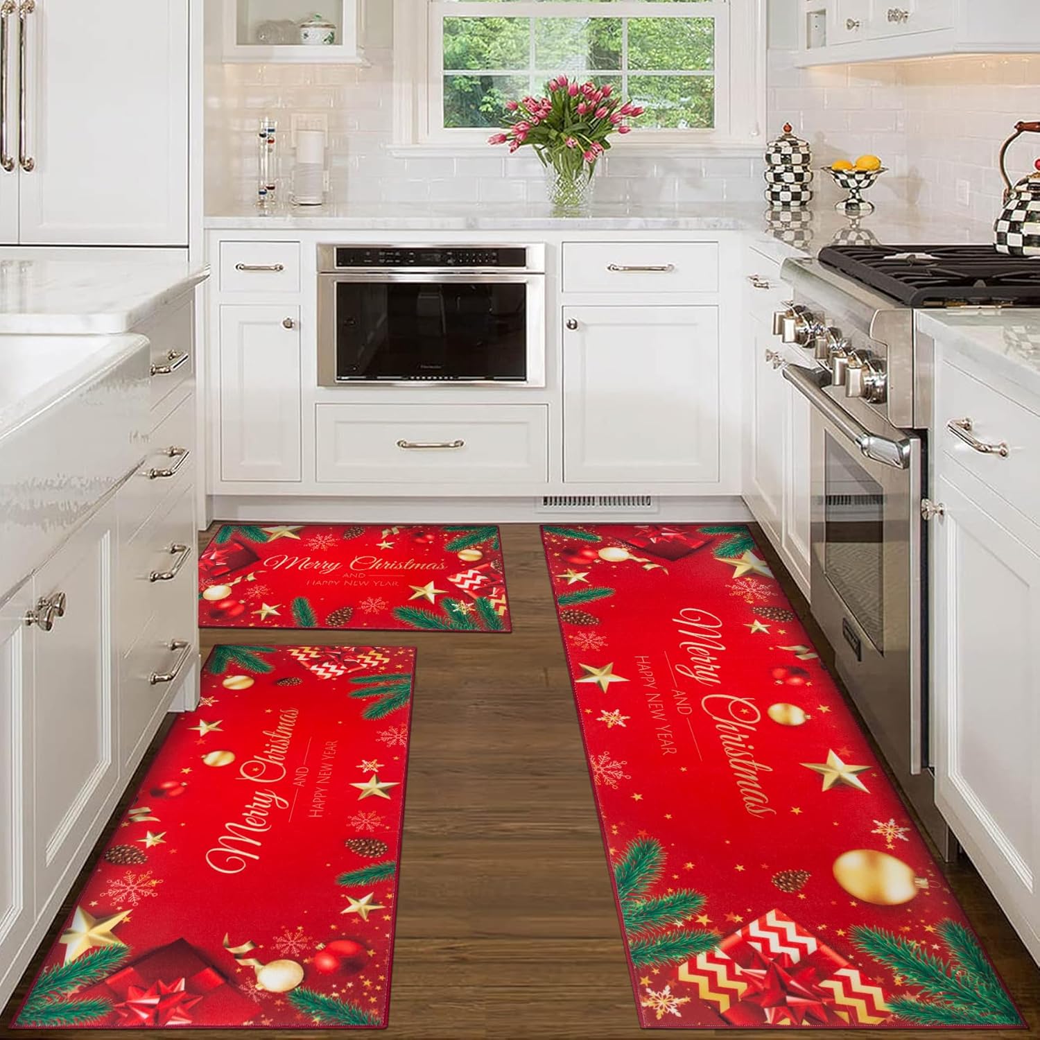 MELAJIA Juego de 3 tapetes de cocina de Navidad, lavables, juego de 3 piezas, tapete rojo para decoración de Navidad, fiesta en el hogar
