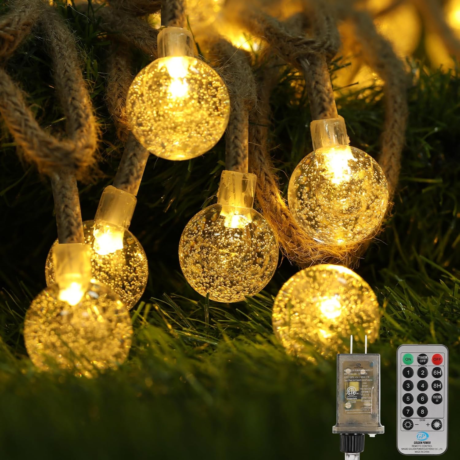 Guirnalda de luces para exteriores, 100 luces LED de 33 pies, globo de cristal, impermeables, luces para exteriores, estilo cordel, control remoto,
