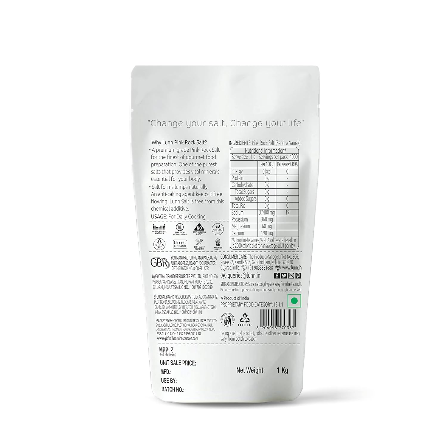 LUNN Sal de roca rosa del Himalaya de cristal natural  35.27 onzas (2.2 lbs)  Rica en minerales  Sal pura sin refinar  Sin OMG  Sin gluten  Vegana