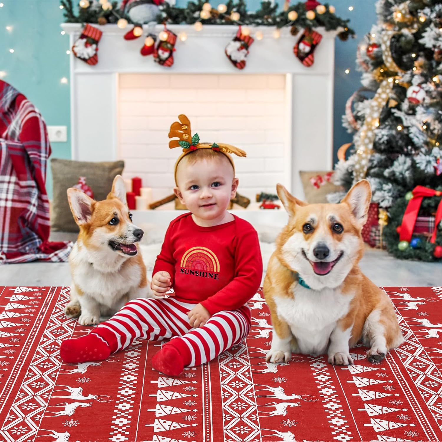 RUGSREAL Alfombra de pasillo de Navidad con árbol de Navidad y ciervos, alfombra decorativa de Navidad, lavable a máquina, alfombra de piso para