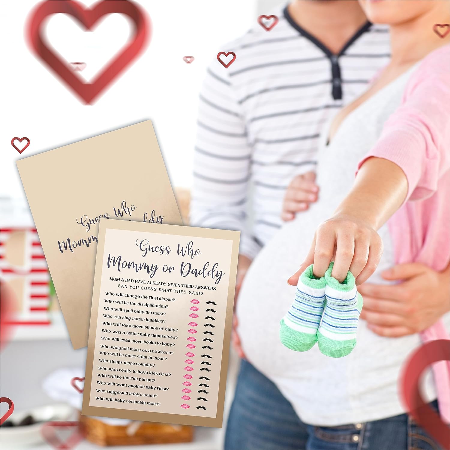 Adivina quién Juego de mamá o papá para baby shower, 30 tarjetas de juego de relleno de doble cara color caqui para bebé niño y niña, revelación de