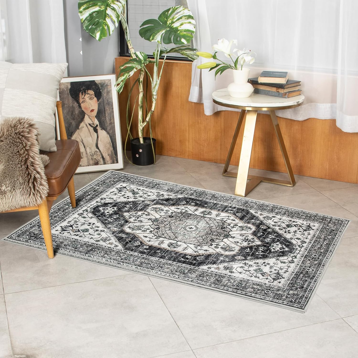 Alfombra bohemia para sala de estar, 3 x 5, lavable, retro, delgada, para zonas de alto tráfico
