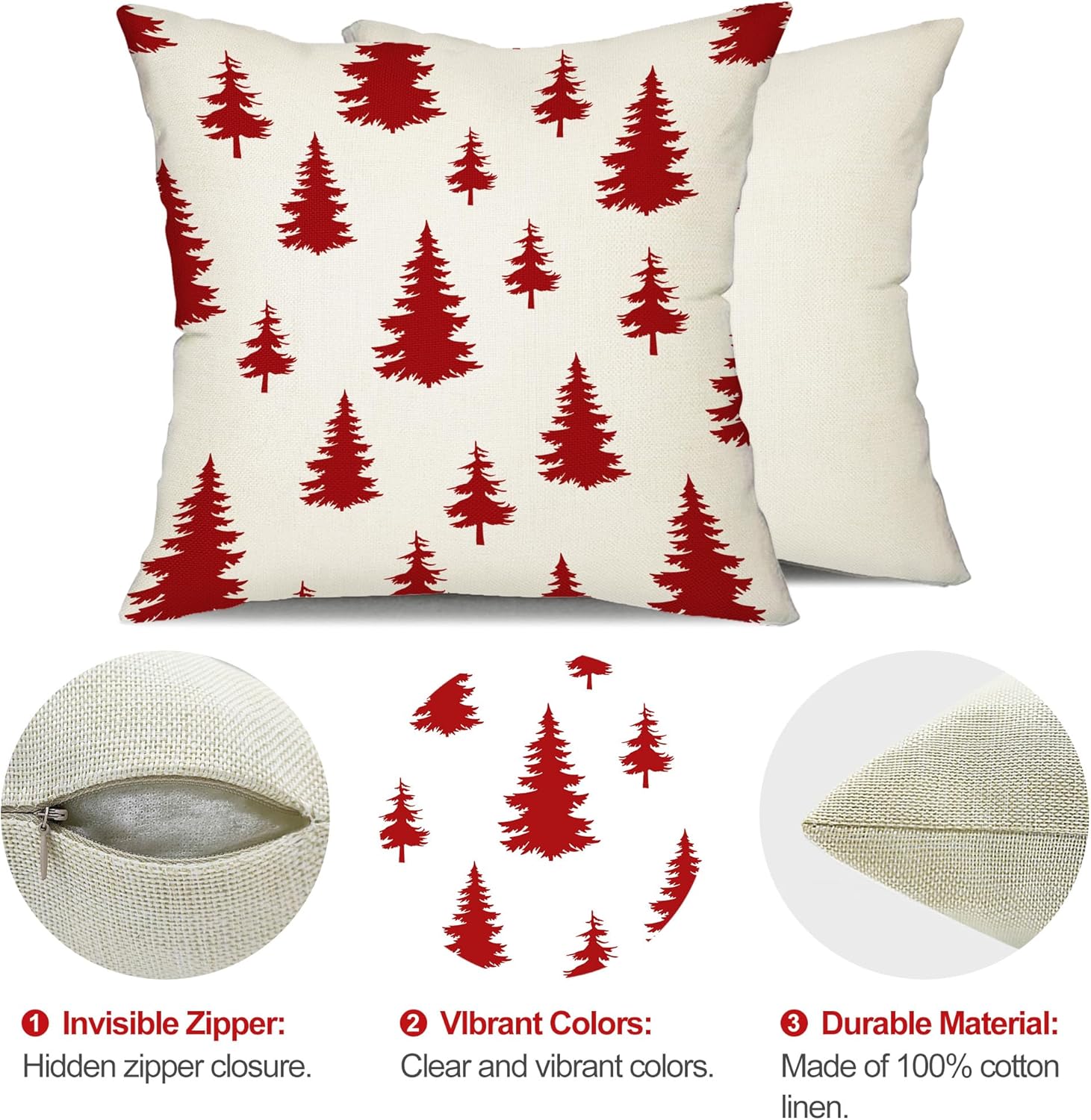 DFXSZ Juego de 2 fundas de almohada de Navidad de 18 x 18 pulgadas, color rojo, decoración de árbol de Navidad blanco, decoración de Navidad para el