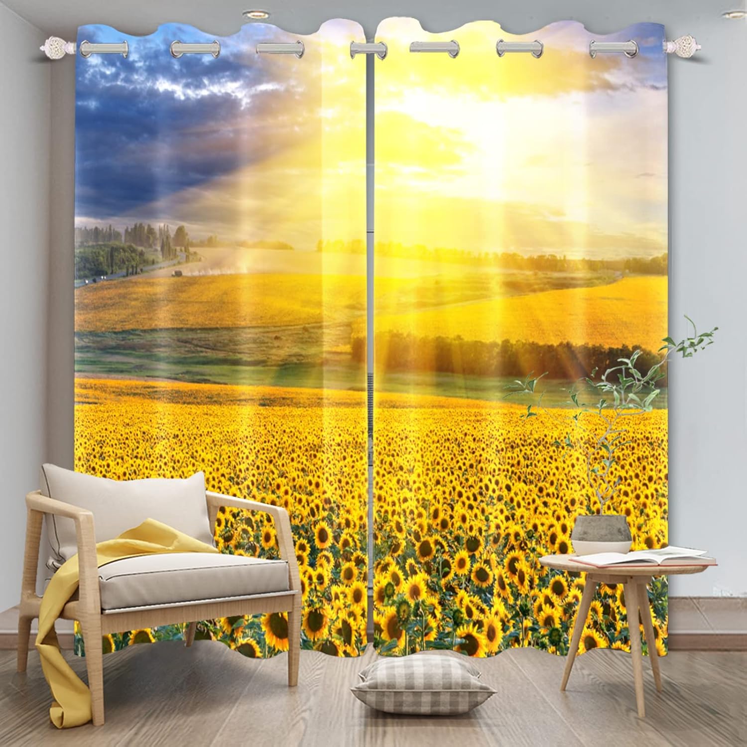 Renaiss Cortinas opacas con diseño de girasoles de amanecer, vida campestre, tierras de cultivo, dormitorio, paisaje natural, cortinas amarillas