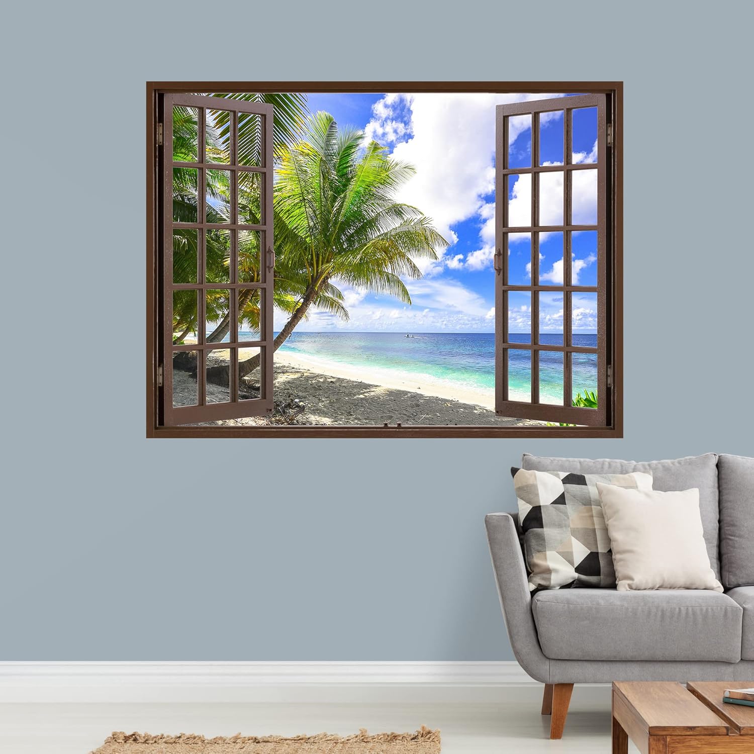 IDEA4WALL Murales de pared para dormitorio, ventana falsa de playa, ventana marrón, papel tapiz extraíble, calcomanías de pared para despegar y