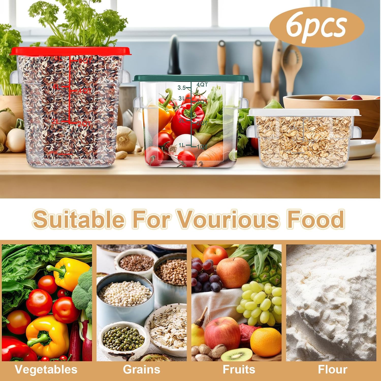 Contenedor de almacenamiento de alimentos con tapas, juego de 2 cuartos de galón, 4 cuartos de galón, 6 cuartos de galón, cuadrados transparentes