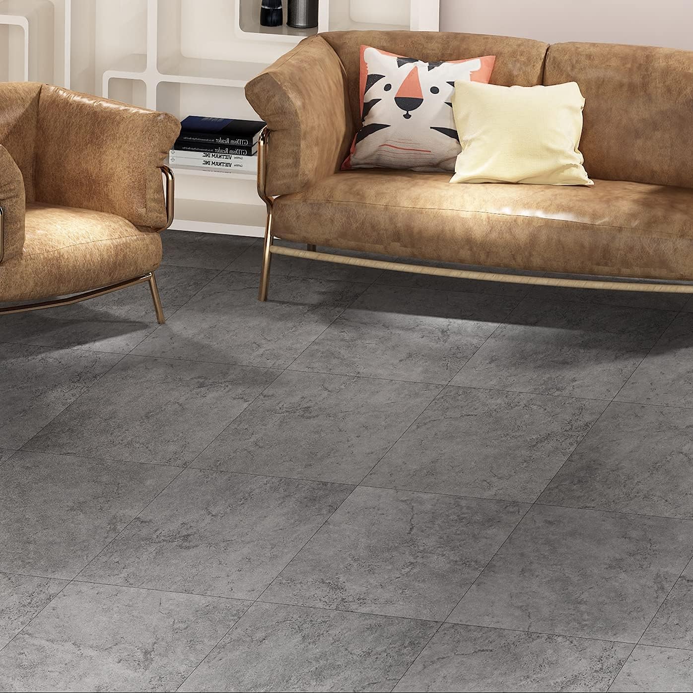 Livelynine 16-Pack Grey Slate Flooring Peel and Stick Floor Tile Waterproof Vinyl Flooring Sheet Self Adhesive Floor Tiles for Bathroom Laminate