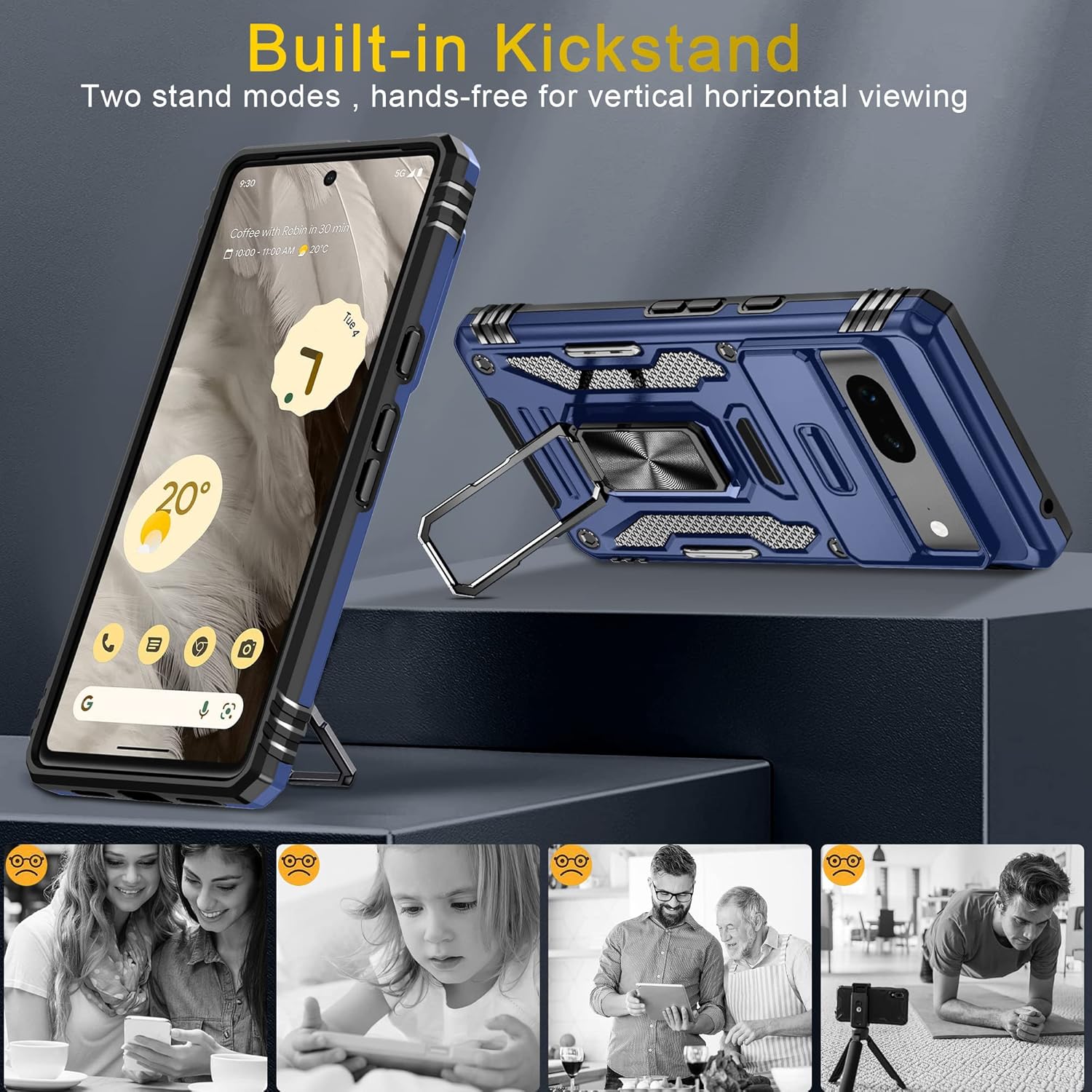 DEERLAMN Funda para Google Pixel 7 con cubierta deslizante para cámara + protector de pantalla (1 unidad), soporte de anillo giratorio de grado