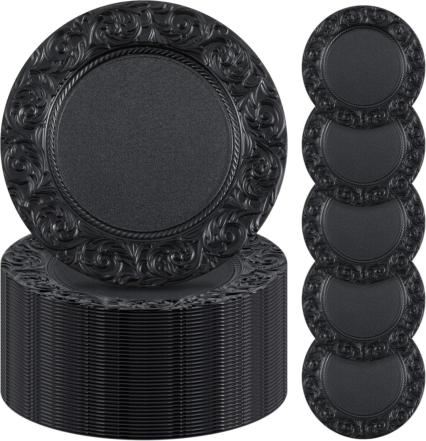 Zhehao 50 unidades de platos antiguos a granel de 13 pulgadas con borde en relieve de plástico, platos redondos decorativos para cenas, bodas,