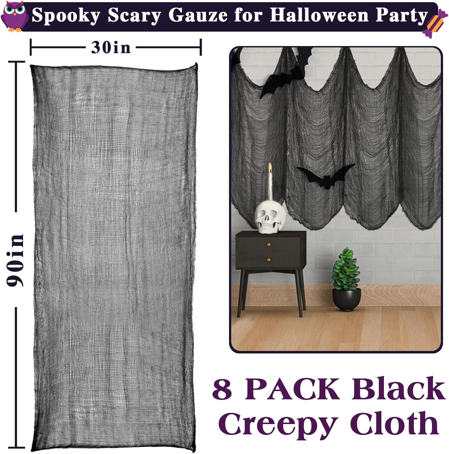 Halatool Paquete de 8 paños espeluznantes de Halloween de 30 x 90 pulgadas, gasa negra espeluznante para colgar en decoración de Halloween,