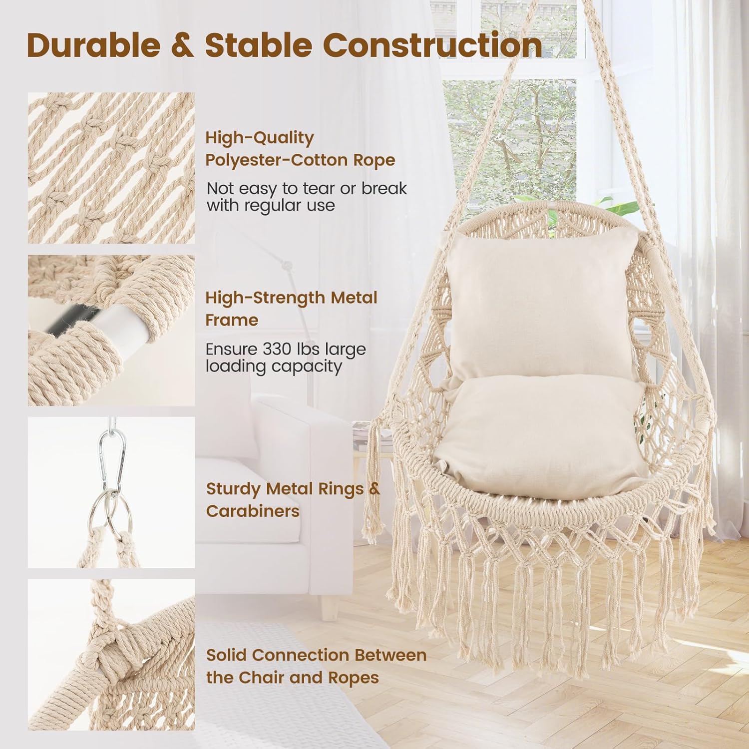 Tangkula Silla hamaca colgante, hamaca de estilo bohemio con 2 cojines suaves, borlas, accesorios de montaje, silla colgante de cuerda de algodón