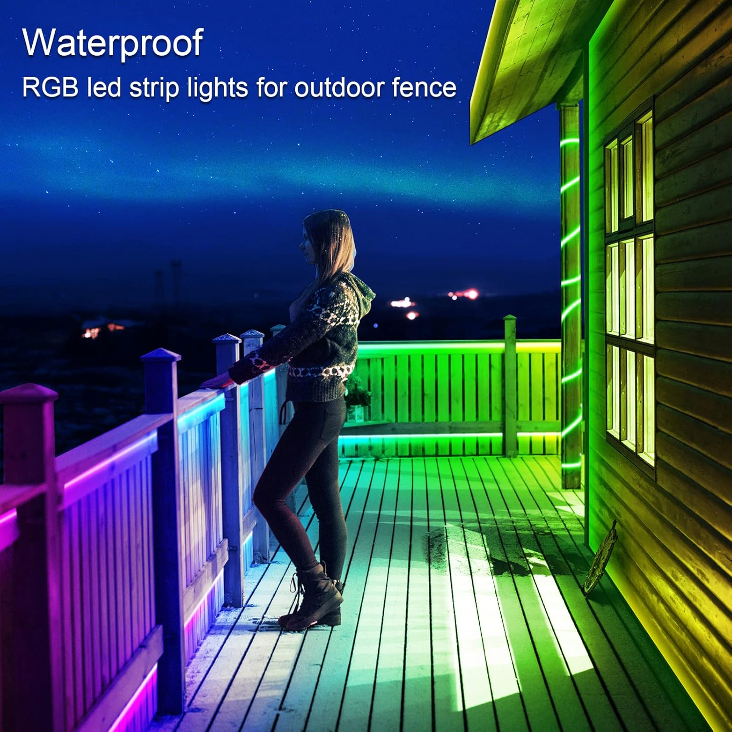 Tira de luces LED para exteriores de 300 pies impermeable con parte trasera adhesiva, tiras de luz LED exteriores IP65 impermeables con control