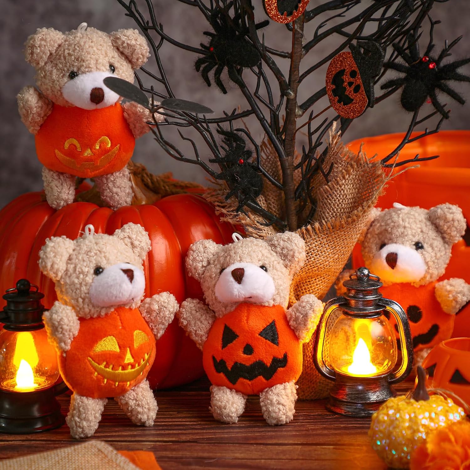 32 piezas de oso de peluche de Halloween con disfraz de calabaza de 4.7 pulgadas, mini oso de peluche con cuerda para colgar, muñeca de oso suave,