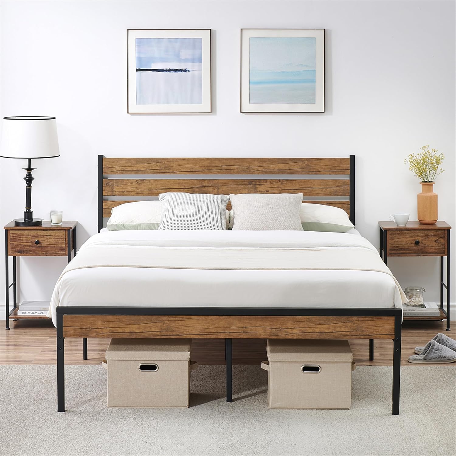 IDEALHOUSE Base de cama Queen con cabecera de madera rústica vintage, marco de cama tamaño Queen con almacenamiento, base de colchón, soporte de