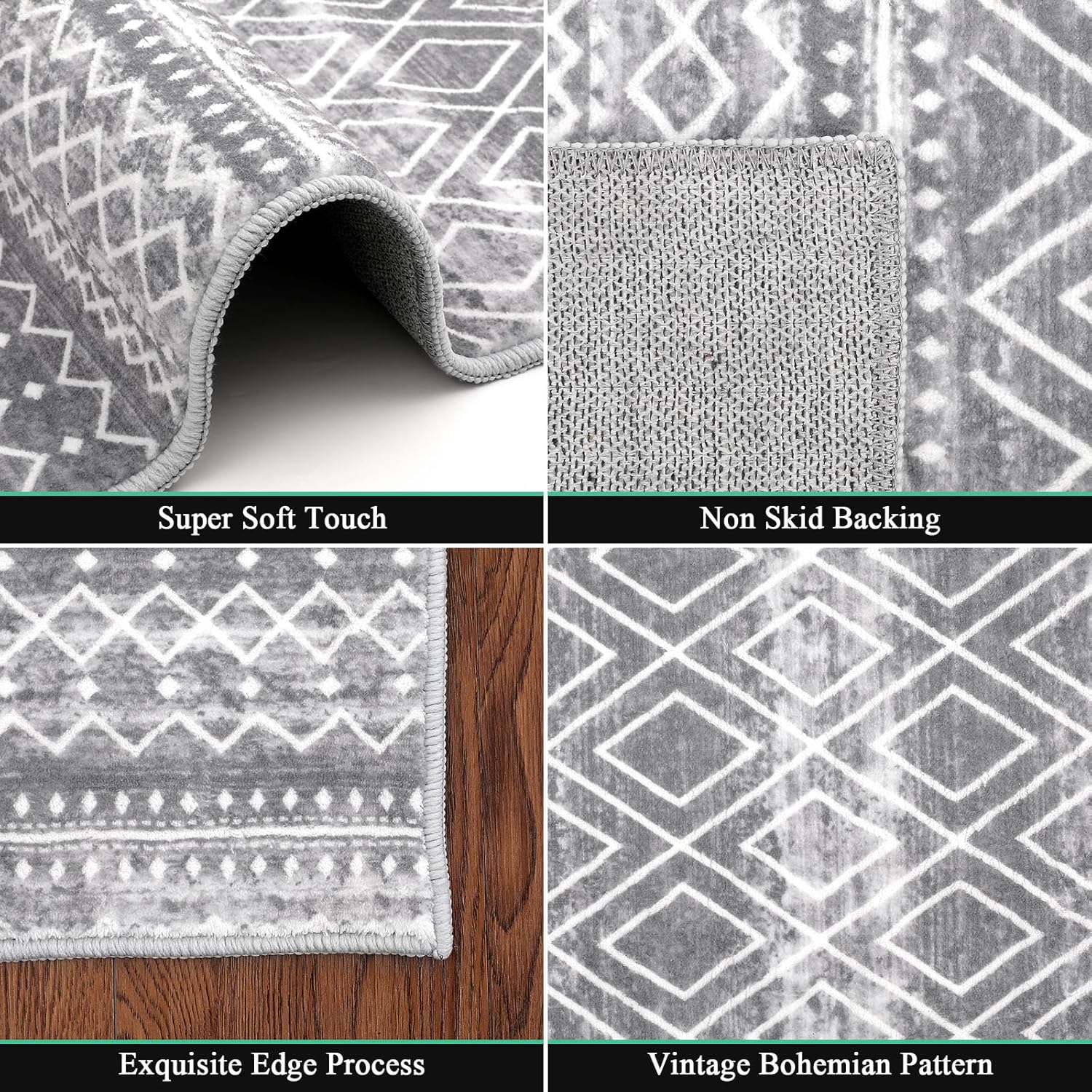 HEBE Alfombra bohemia de 3 x 5 pies, antideslizante, para sala de estar, lavable, alfombra suave para entrada, comedor, alfombra vintage para
