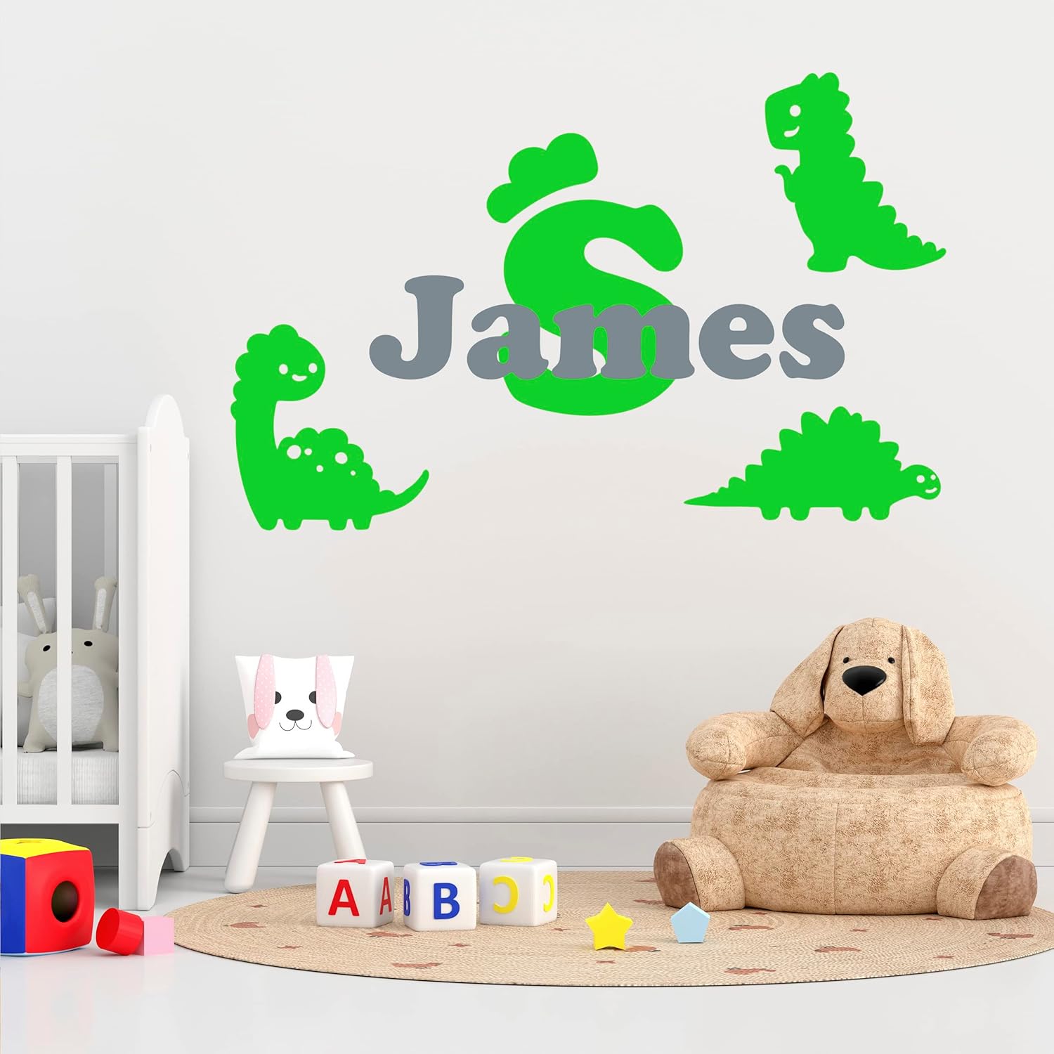 Dinosaurs Initials Custom Name Decals for Walls – Kids Decal Name Personalized Sticker with Baby Name and Initial with Crown – Custom Wall Lettering