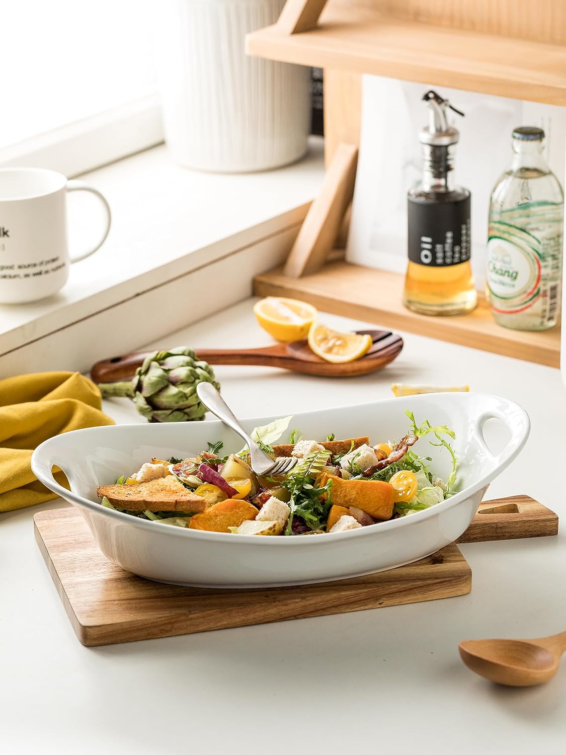Juego de cuencos de porcelana para servir grandes con asas, juego de ensaladas para ramen, cereales, pasta, ensalada y fruta, apto para lavavajillas