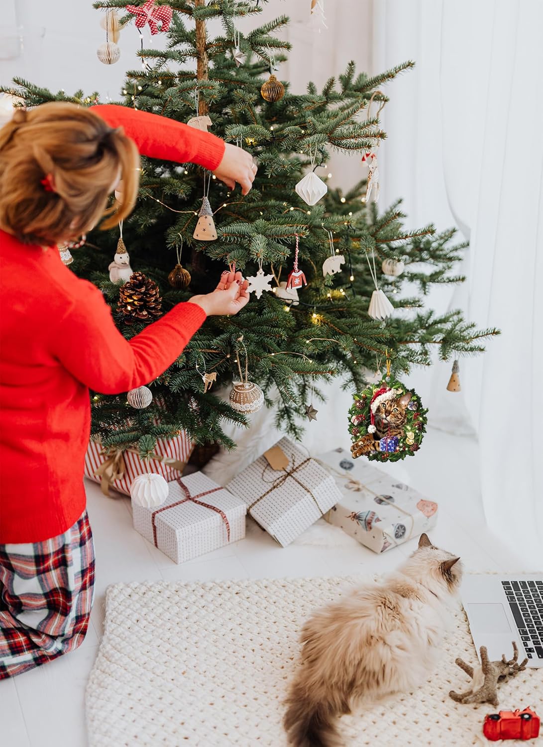 Adornos de gato para árbol de Navidad, bonitas decoraciones de imagen de gato, regalos conmemorativos para mascotas para Navidad, divertidos adornos