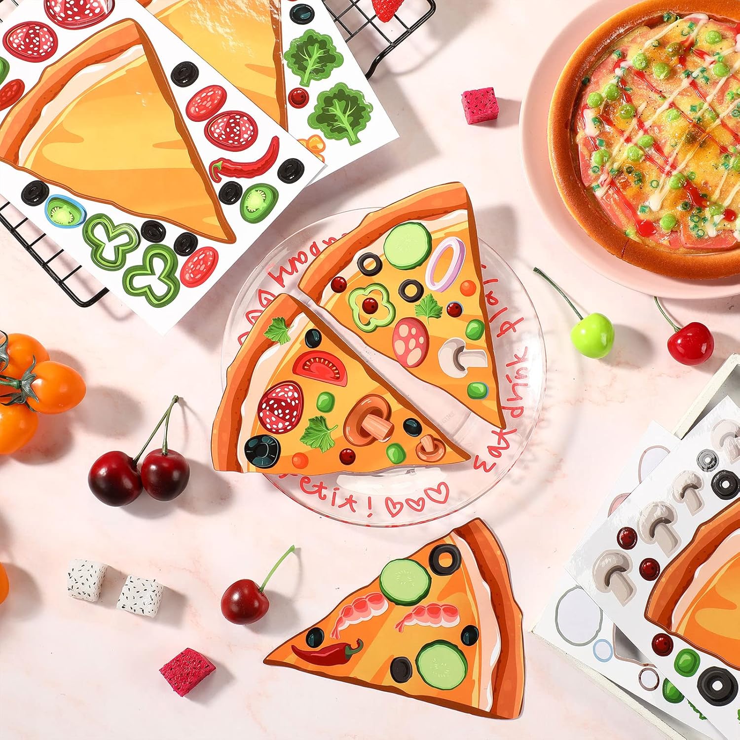 24 hojas de calcomanías para hacer tu propia pizza, mezcla y combina calcomanías de pizza DIY pizza se adhiere a hongos, calcomanías de pizza,