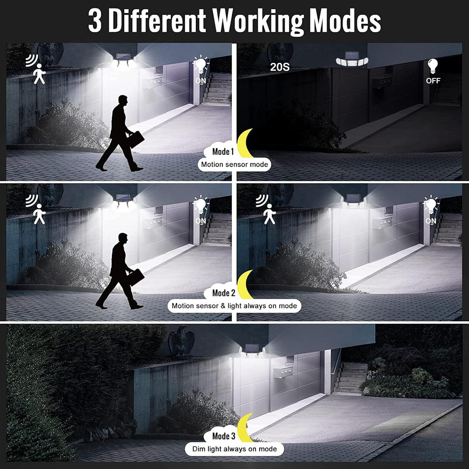 Luces solares para exteriores con sensor de movimiento para exteriores, luces de seguridad de 5 cabezales, funciona con energía solar, 300 luces LED