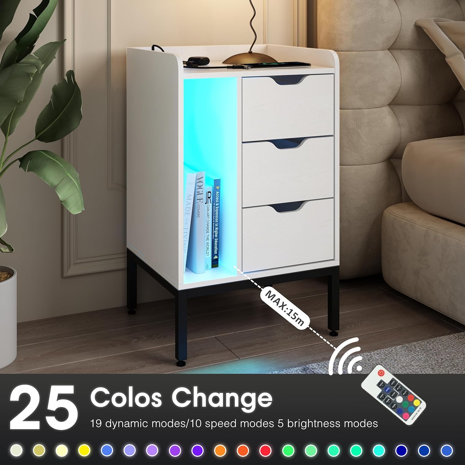 Mesita de noche con estación de carga y luces LED, mesita de noche blanca con tomas de corriente, mesa auxiliar de diseño moderno con 3 cajones,
