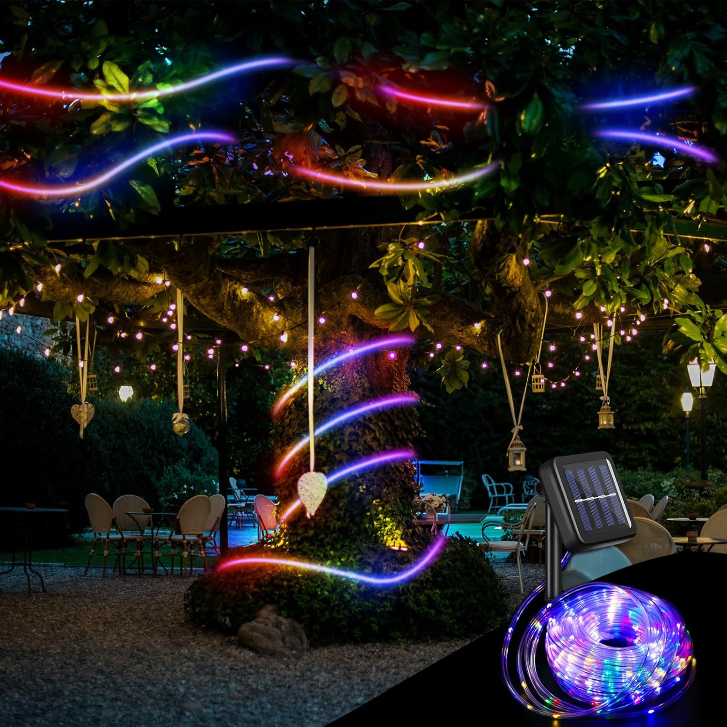 2 tiras de luces solares de 300 LED de 100 pies cada una para exteriores, impermeables, para campamento, 8 modos de iluminación, tubo de PVC