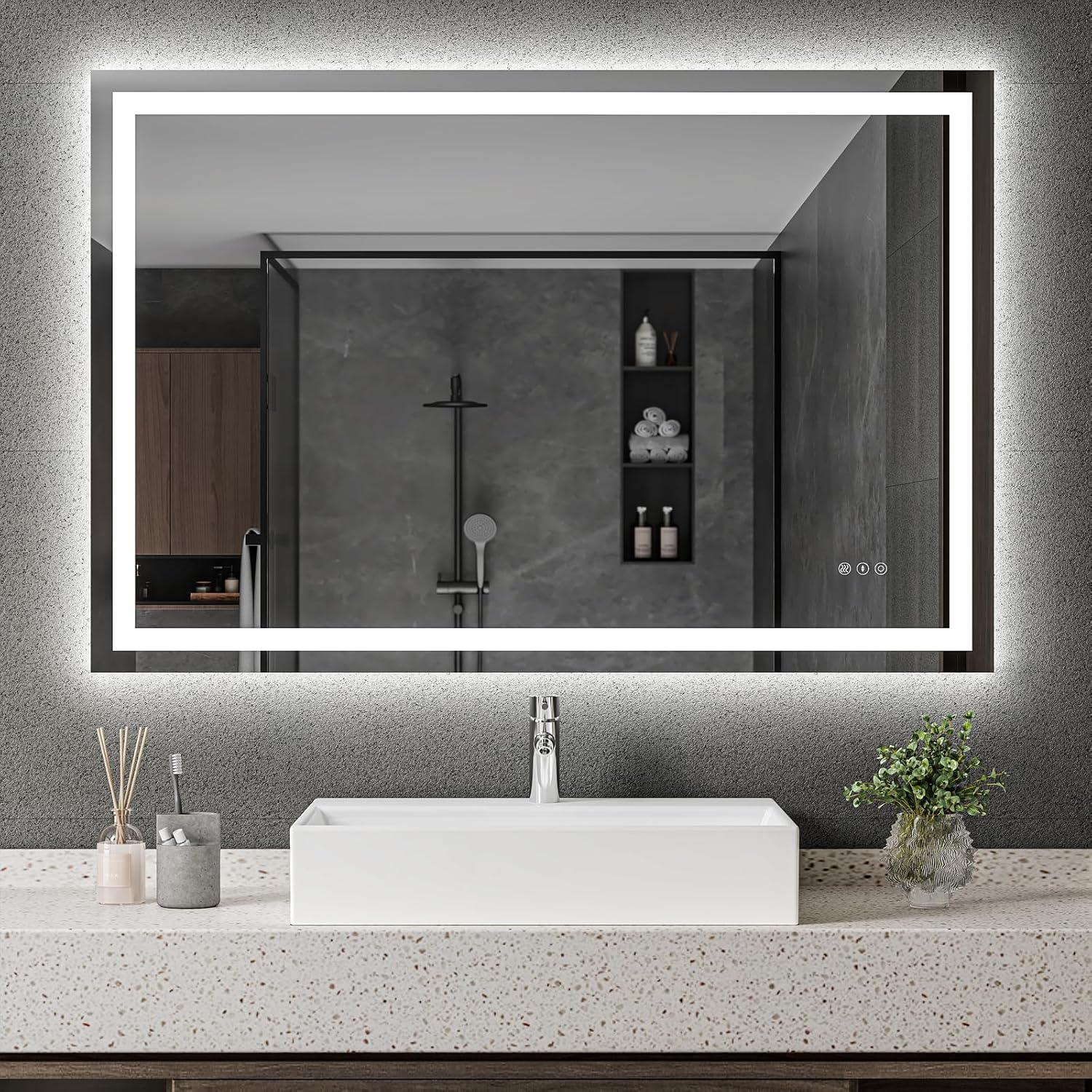 Dripex Espejo de baño LED de 48 x 32 pulgadas, espejo de maquillaje antivaho montado en la pared con 3 luces de color, espejo LED impermeable