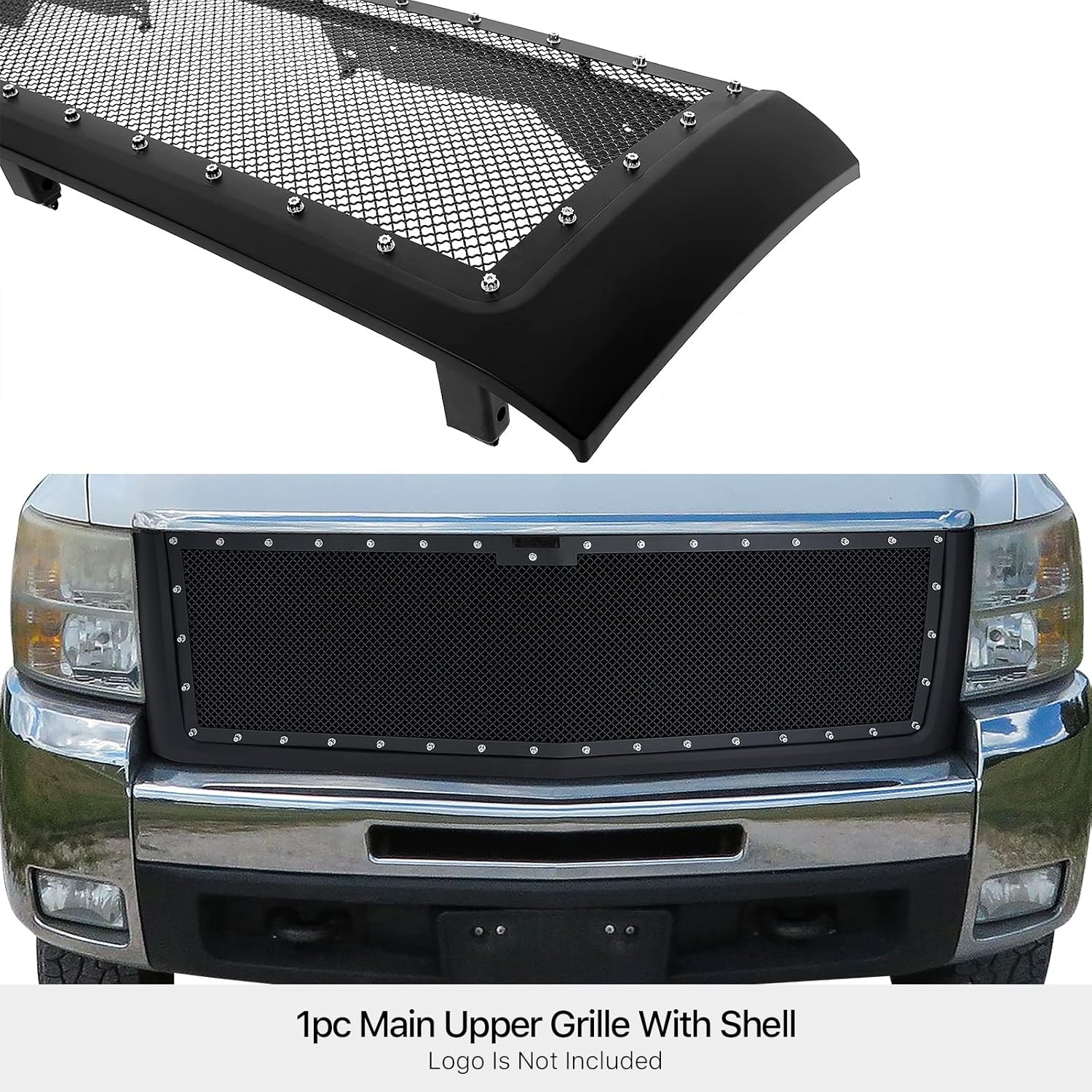 APS Compatible con Chevy Silverado 3500HD 2500HD 2007-2010 rejilla de malla con remache negro superior principal de acero inoxidable con carcasa
