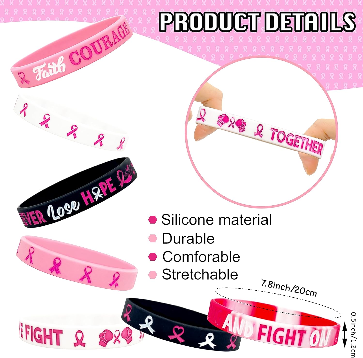 90 piezas de accesorios de concientización sobre el cáncer de mama, bandas elásticas para el cabello, insignias de botones, regalos para mujeres y