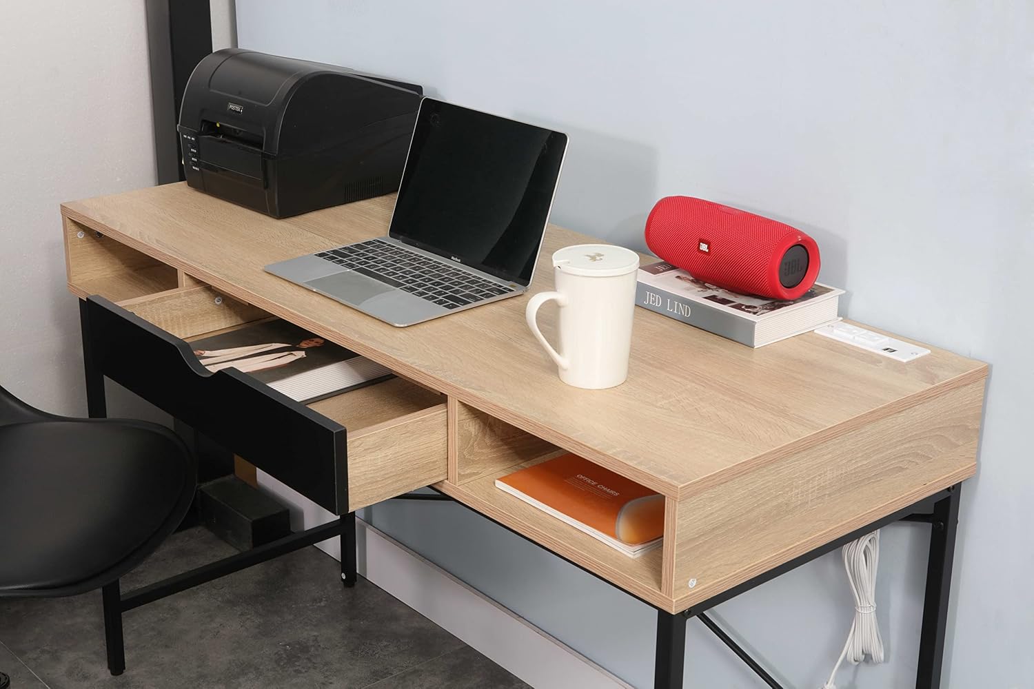 JJS Escritorio de 48 pies con toma de corriente, escritorio grande contemporáneo para oficina en casa, estación de trabajo para computadora portátil