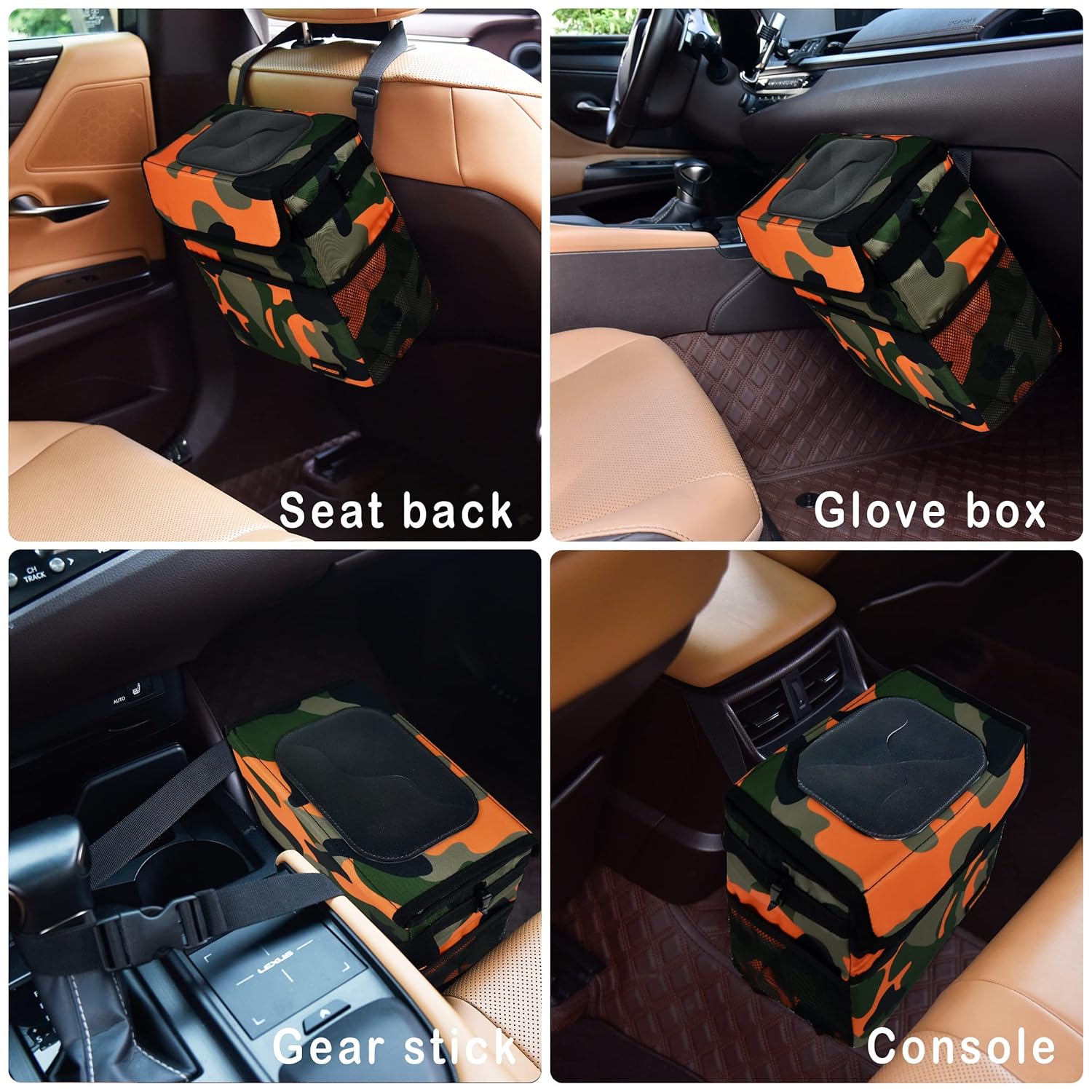 Bonito bote de basura para automóvil con tapa, a prueba de fugas, impermeable, con bolsillos de almacenamiento, organizador plegable multiusos para
