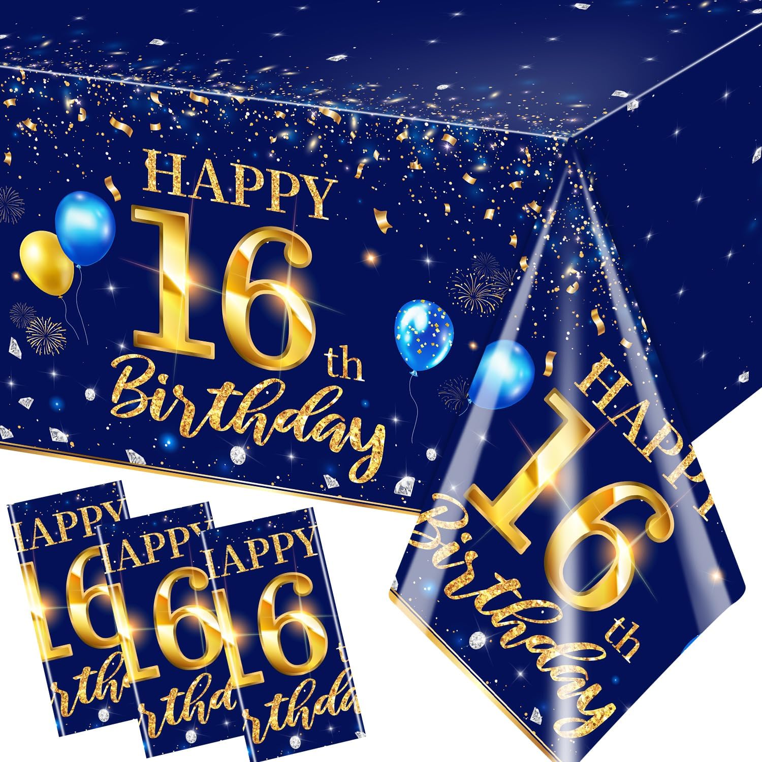 Decoraciones de cumpleaños número 16 para hombre, 3 piezas, color azul marino, fundas rectangulares de plástico impermeables de plástico dorado y