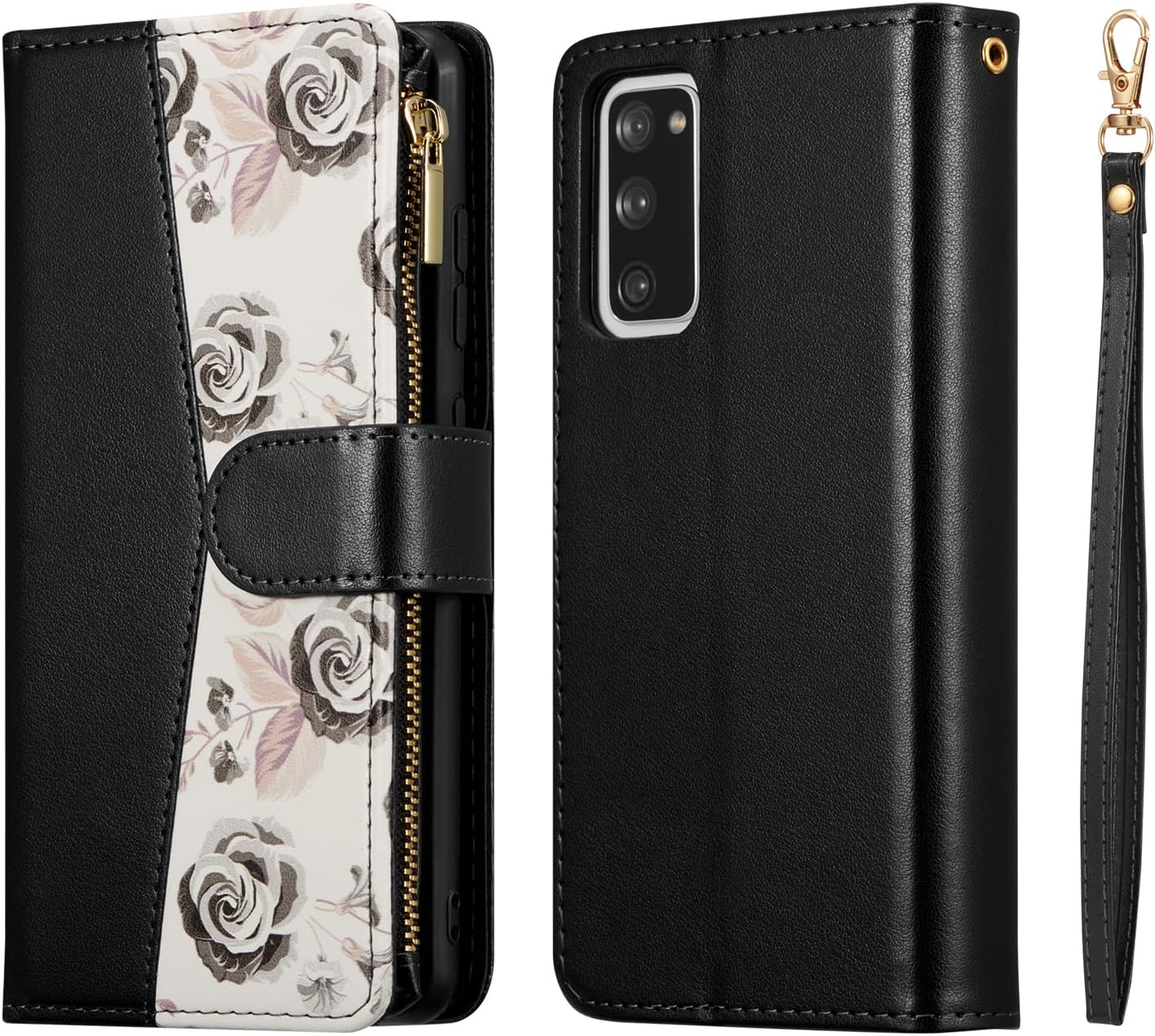 UEEBAI Funda tipo cartera para Samsung Galaxy S21 5G, flor PU cuero cierre magnético bolso bolsillo cremallera bolsillo caso Kickstand ranuras con