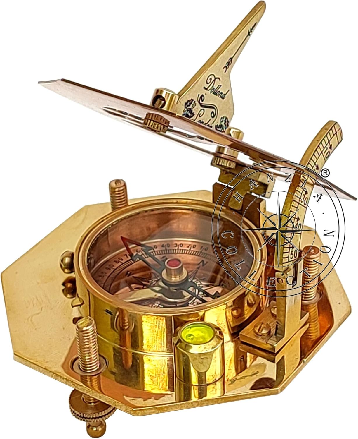 Brújula de reloj de sol de latón pulido y cobre, reloj de sol antiguo, reloj de sol en caja de cuero, regalo de réplica de barco