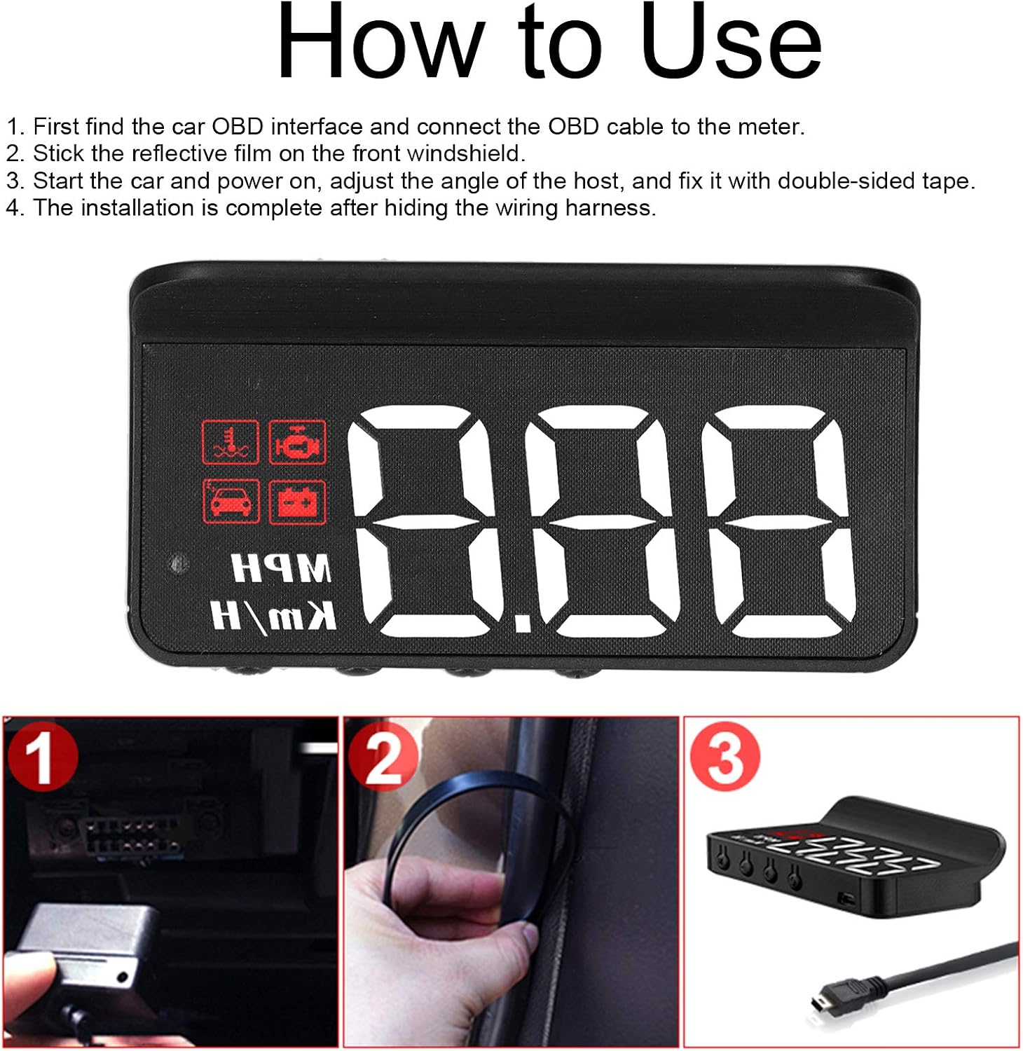 OBD2 HUD – Pantalla de cabeza hacia arriba, pantalla de velocímetro HUD para automóvil, proyector de parabrisas, medidor multifunción, alarma de