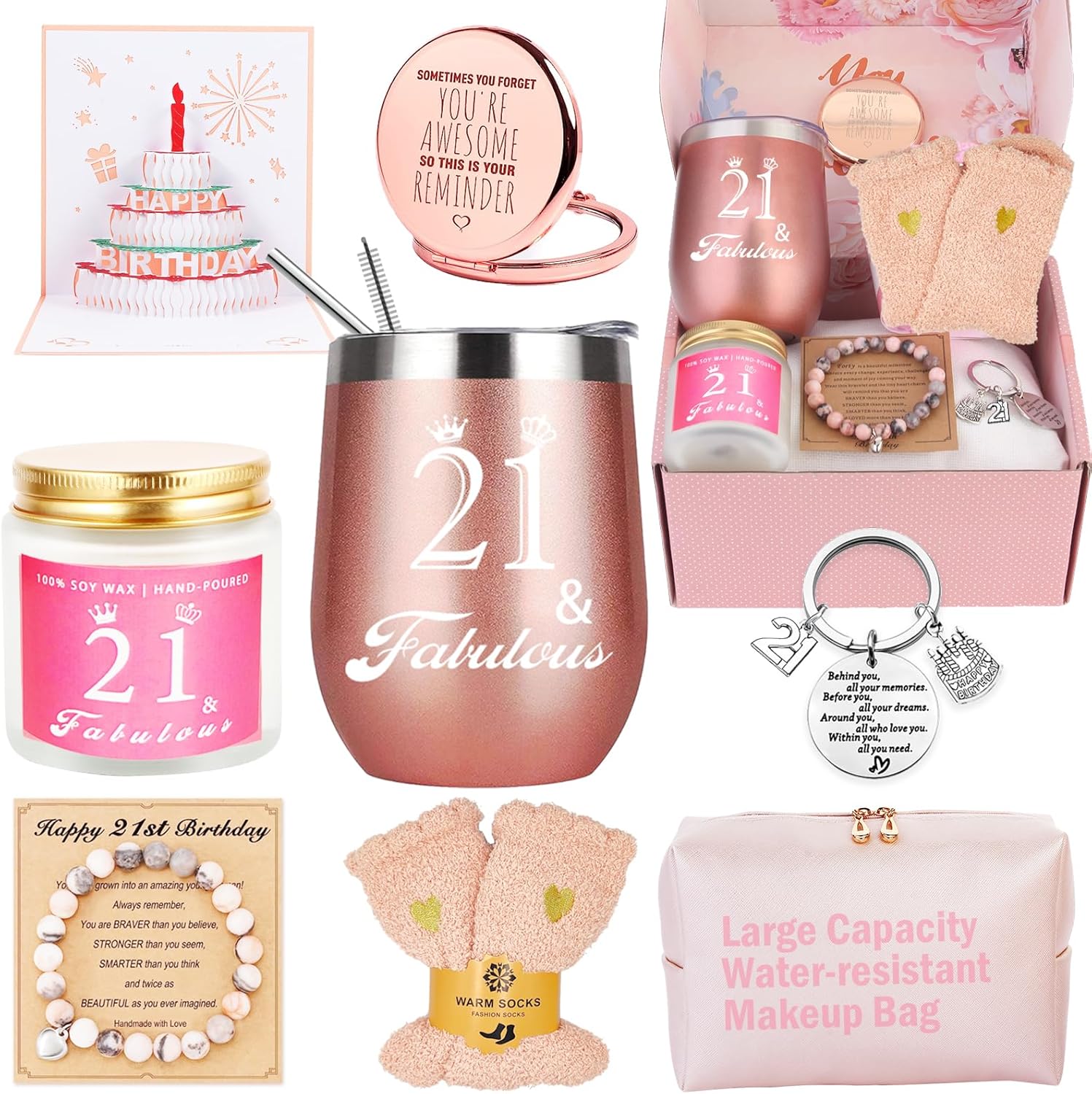 Regalos de cumpleaños 21 para ella, regalos de cumpleaños de 21 años para mujeres, cesta de feliz cumpleaños 21, caja de regalo para mejores amigas,