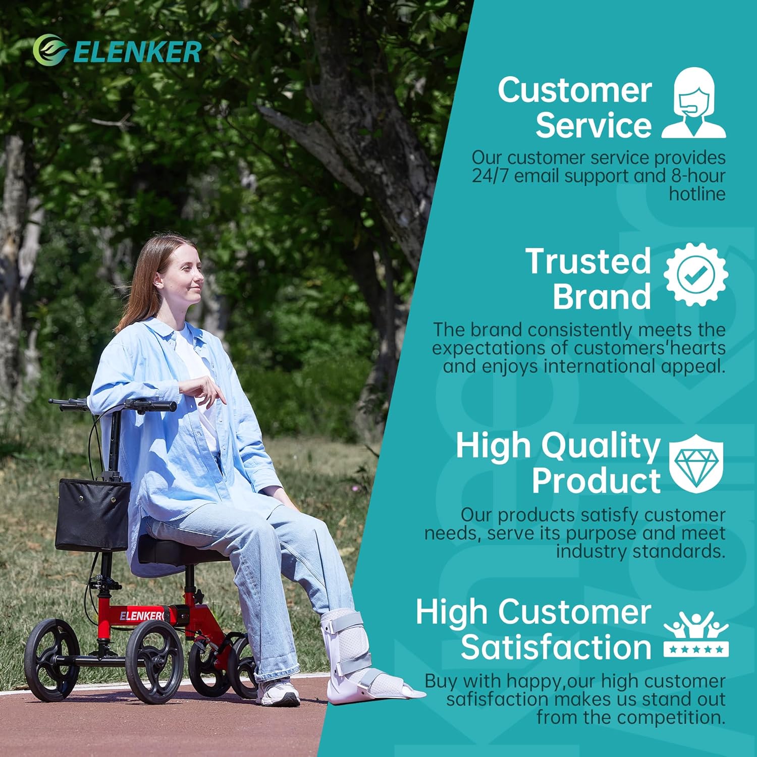 ELENKER Patinete médico de lujo orientable para lesiones en el pie, muletas compactas, alternativa, color rojo brillante
